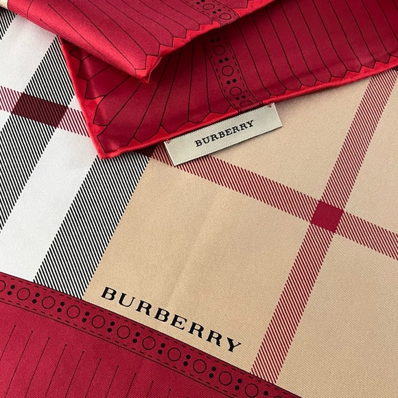 Display # 4 Burberry Scarf Iconic Beige Check Red Border Silk Wrap - Picture 8 of 15